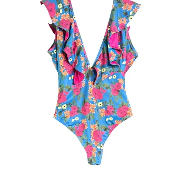 one-piece floral print swimsuit in multicolor deep V-neck ruffle trim med - Picture 4 of 12